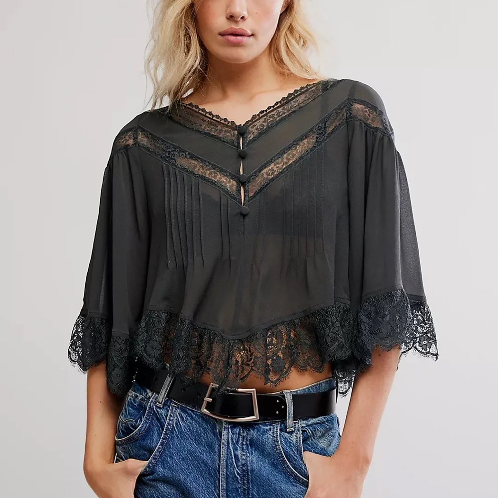 FREE PEOPLE Bali Midnight Rain Top Lacey Boho Women’s Top NWT - Size Large